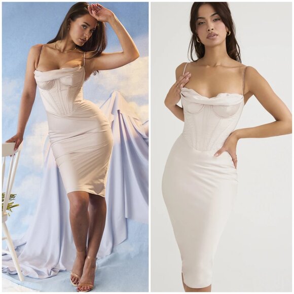 NwoT HOUSE OF CB Myrna Corset Satin Slip Dress Crystal Ivory size L Plus Cup - Picture 2 of 16